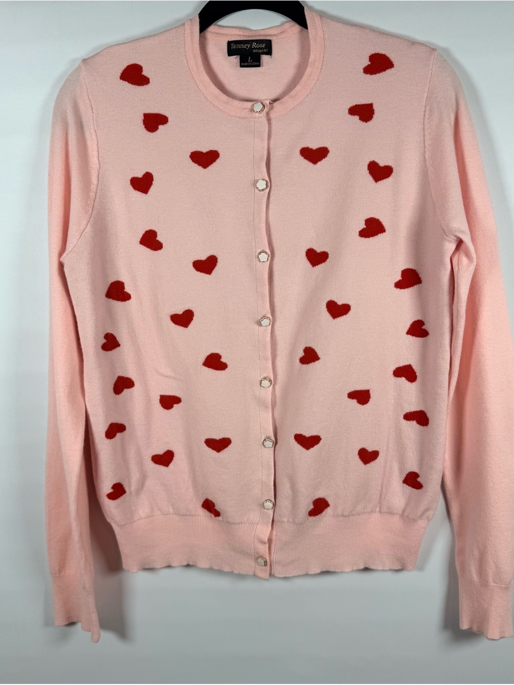 Tenney Rose Pink Heart Print Button Cardigan Sweater Large Valentine Core Size L